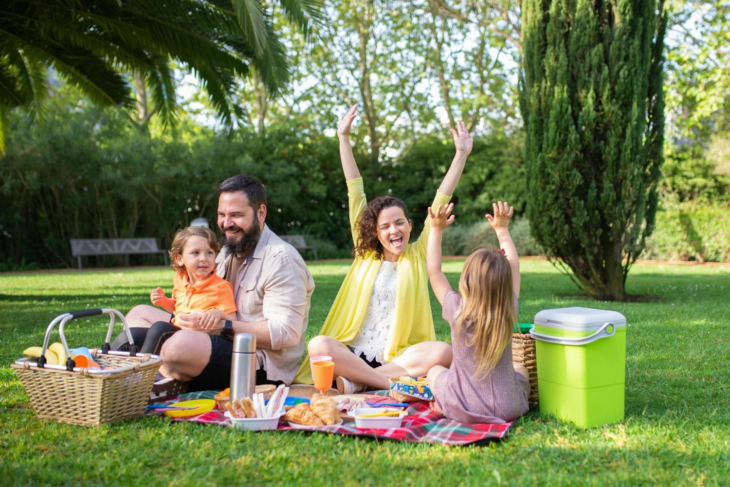 Family enjoying a picnic in a shared park, highlighting well-maintained green space in a townhome HOA community.