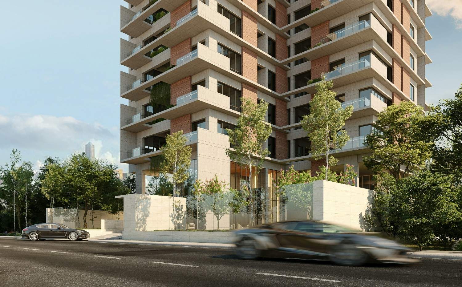 Modern luxury condominium building with balconies, landscaped entry, and street frontage managed by a condo association